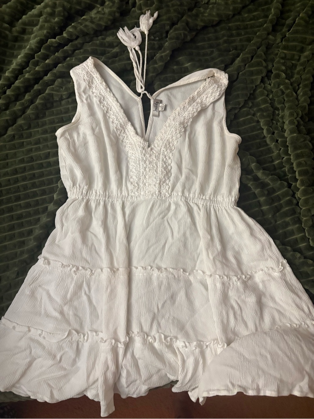 Justify White Textured Sleeveless Tunic with Crochet Detail mini dress